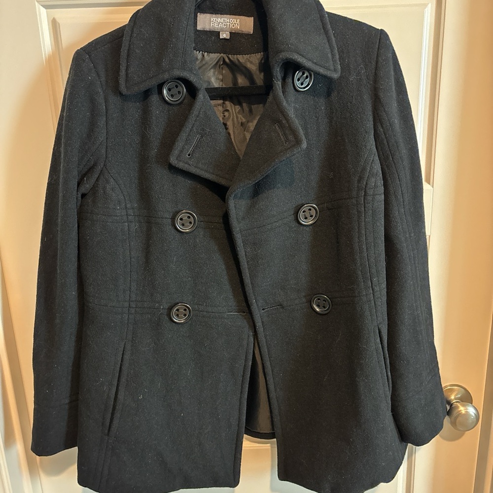 Kenneth Cole Reaction Black Double-Breasted Wool-Blend Peacoat